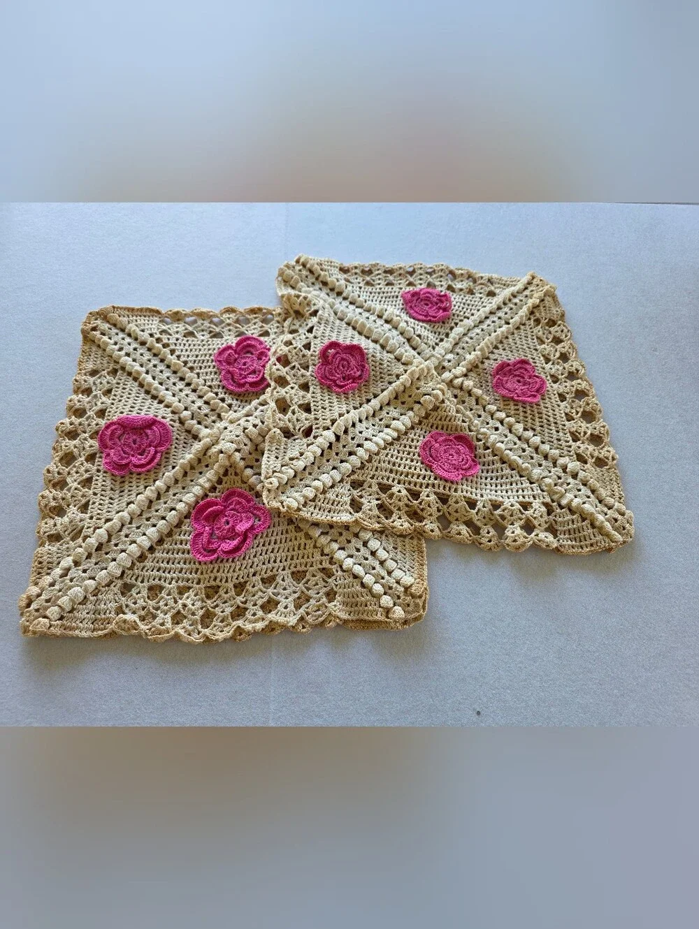 Vintage Cottagecore Handmade Crochet Throw Pillow Covers with 3D Pink Flowers